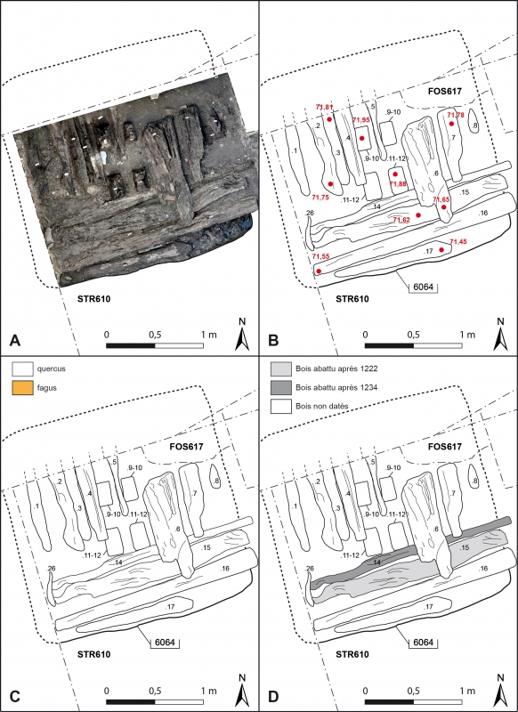 Figure 15. Les madriers installés dans la partie supérieure de la STR610, avec l’orthophotographie (A) ; le relevé des pièces de bois (B) ; les essences de bois (C) ; les résultats dendrochronologiques (D).