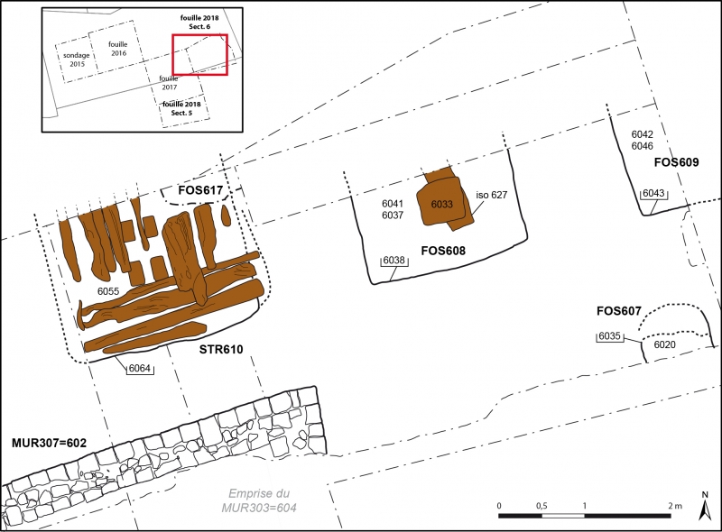 Figure 6. Relevé en plan des FOS608, FOS609 et de la partie supérieure de la STR610 constituant les fondations du pressoir.