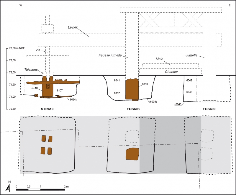 Figure 8. Proposition de restitution du pressoir à partir des éléments conservés en fondation.