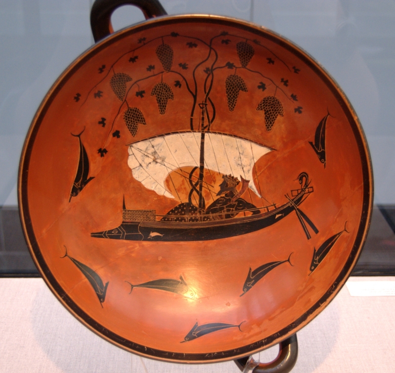 Figure . Kylix à figures noires attribuée à Exékias, en provenance de Vulci, vers 530 av. n. è., Munich, Staatliche Antikensammlungen (n° 2044).