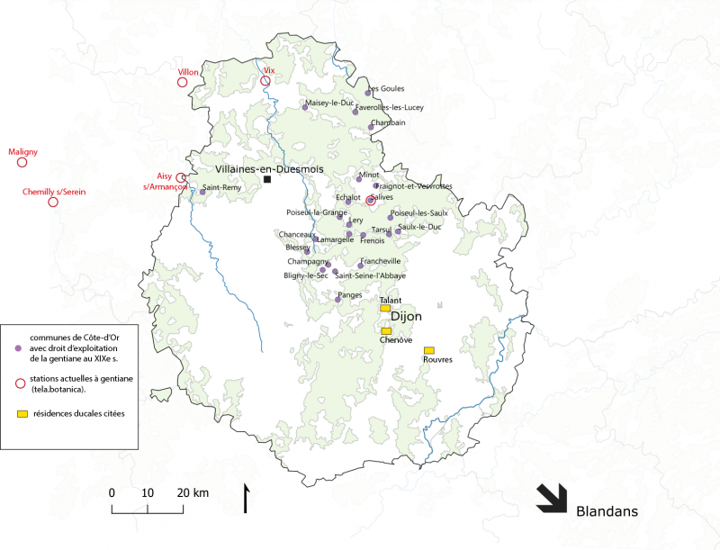 Figure 4. Localisation des communes bénéficiant d’un droit d’exploitation de la gentiane au xixe siècle (cercles violets) et les stations actuelles (cercles rouges) recensées dans tela-botanica.org.