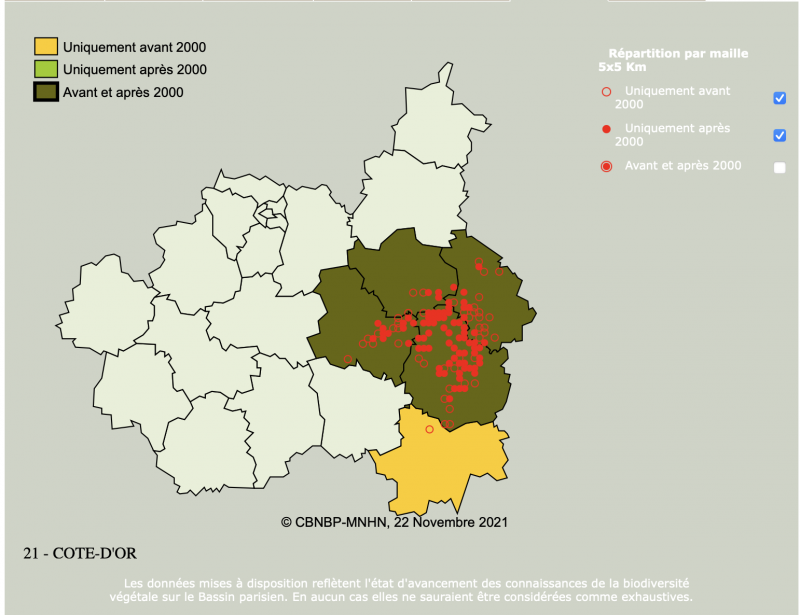 Carte de répartition des observations de Gentiana lutea, d’après les données du Conservatoire Botanique National - Bassin parisien