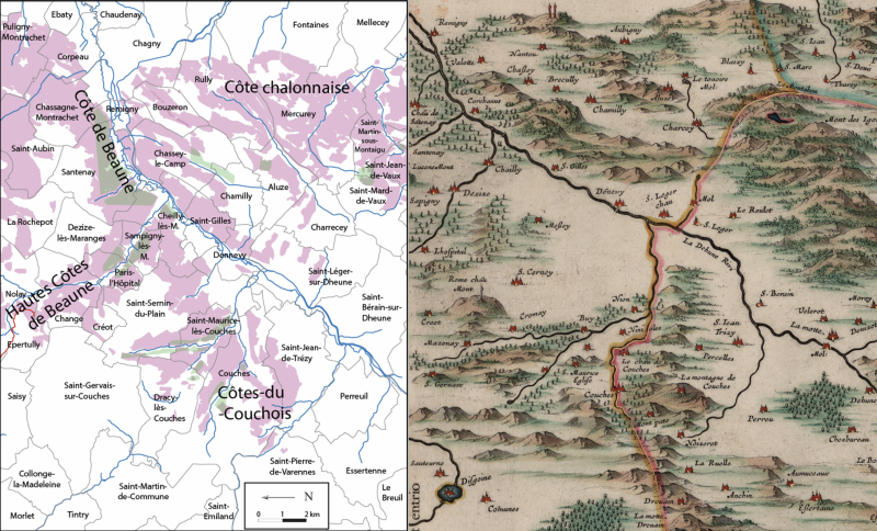 Figure 8. Proposition de comparaison approximative entre l’extension du vignoble représenté au xvie siècle par Jean van Damme et l’extension actuelle du vignoble des Côtes-du-Couchois