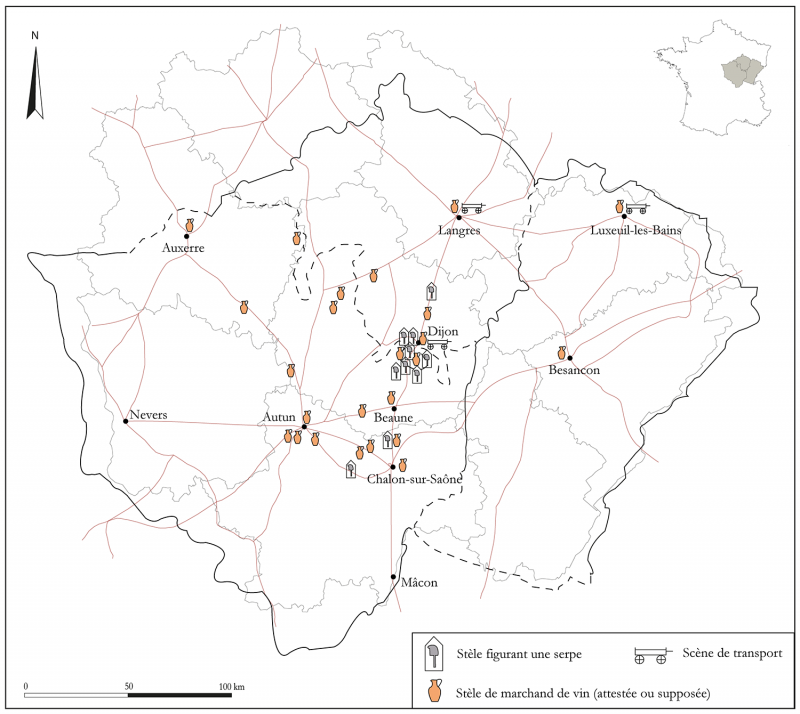 Figure 4 : Localisation des monuments funéraires figurant les métiers de la chaine opératoire du vin.