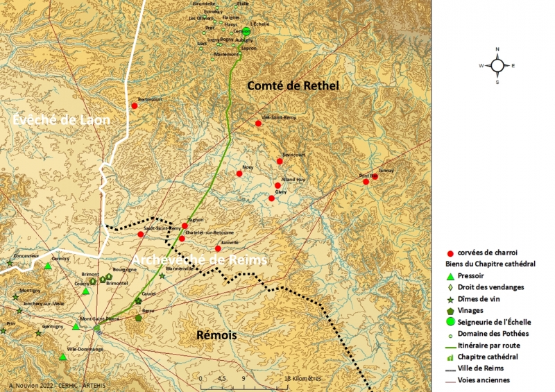 Figure 2 : Droits viticoles du chapitre cathédral au début du xiiie siècle, avec l’inclusion de la seigneurie de l’Échelle, au sein d’un espace fragmenté par les corvées.