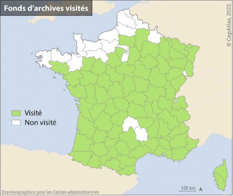 Figure 1 : Dépôts d’Archives Départementales visitées dans le cadre du programme CepAtlas.