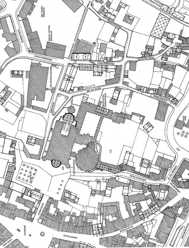 Fig. 11 : Trêves (Rhénanie-Palatinat) : cartographie des caves au centre de la ville, autour du quartier cathédrale. On notera la densité des caves et le grand nombre d’espaces voûtés.