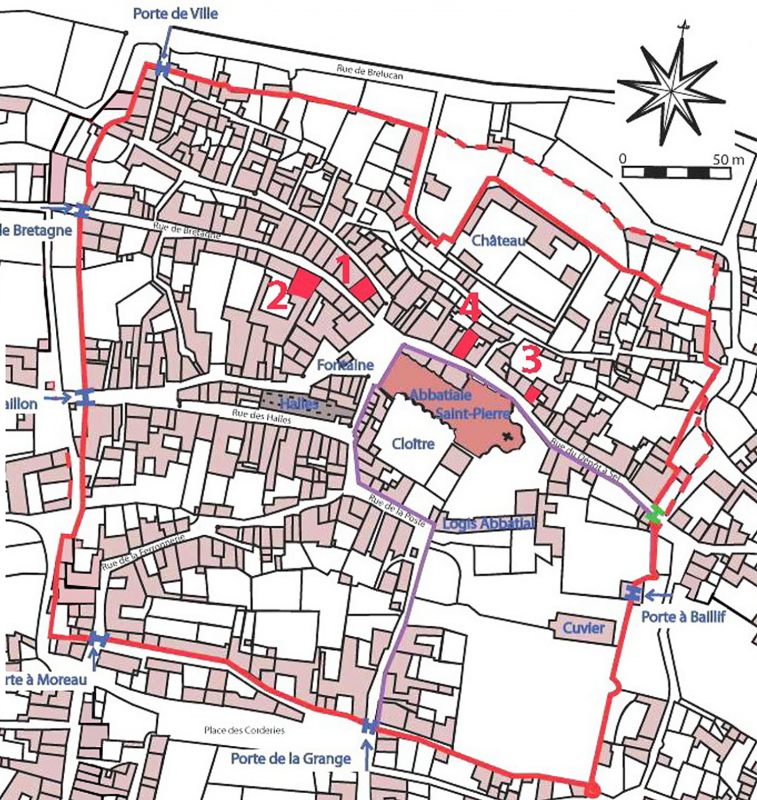 Fig. 2 : Airvault (Deux-Sèvres) : cartographie de la ville enceinte avec repérage des caves comportant des installations de production et stockage du vin.