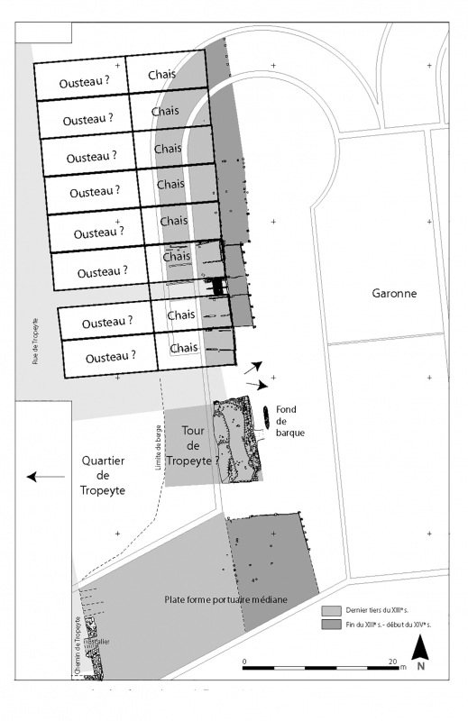 Fig. 7 : Bordeaux, les chais : synthèse des données sur le port de Tropeyte aux xiiie et xive siècles, avec proposition d’une restitution du parcellaire en façade de la Garonne.