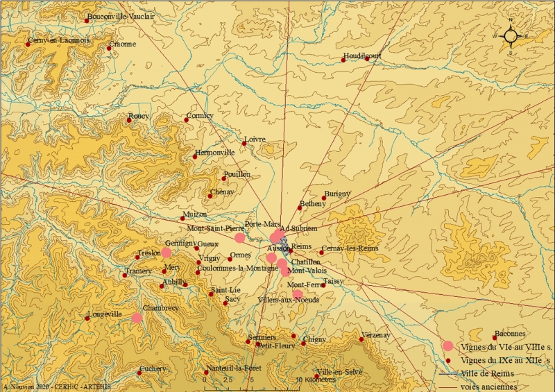 Fig. 1. Les principales attestations de vignes autour de Reims entre le vie et le xiie siècle.