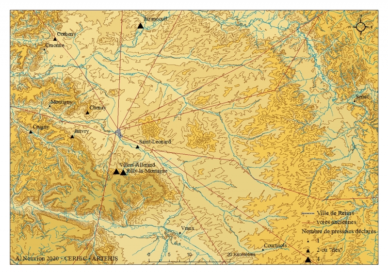 Fig. 3. Carte des pressoirs déclarés par l’abbaye de Saint-Remi de Reims au xvie siècle.