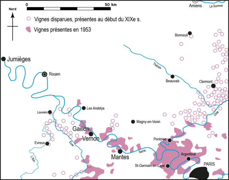 Figure 1 : les vignes dans la vallée de la Seine aux xixe et xxe siècles, d’après
          R. Dion (1959).