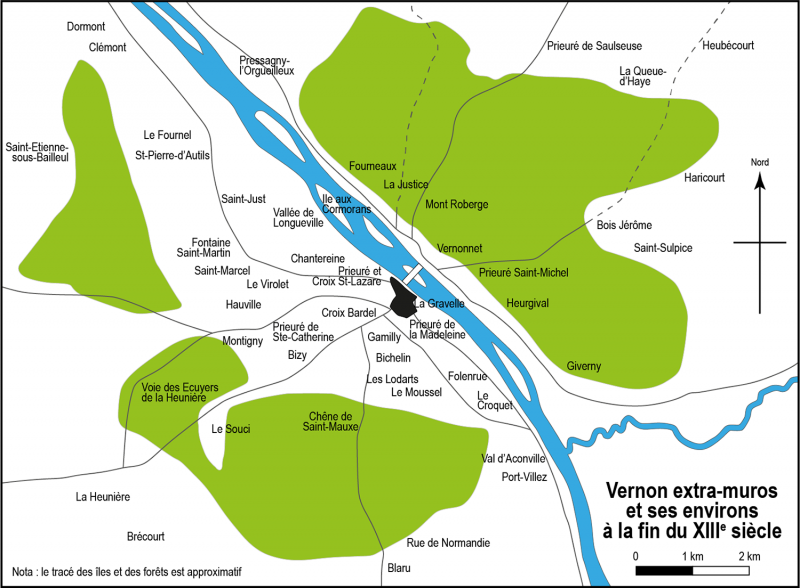 Figure 2 : Vernon et ses lieux-dits à la fin du xiiie siècle. D’après
            Ulysse L, Pajot P., Pouëssel J. (éd.), (1997).