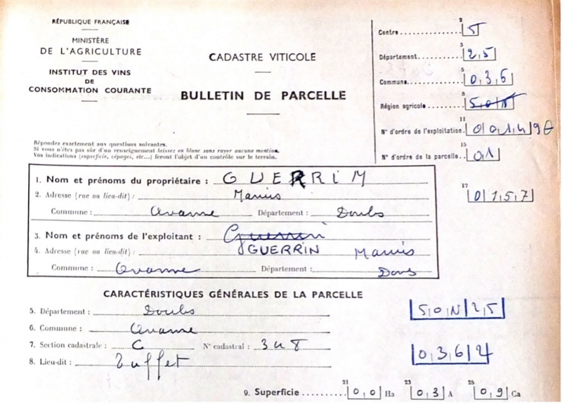 Figure 10a : bulletin de parcelle de Guerrin Marius,
          1952.