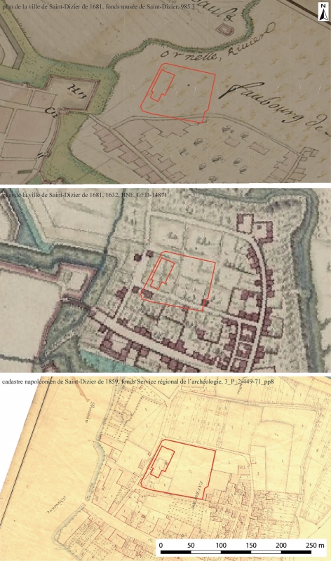 Figure 13 : repositionnement de l&apos;emprise de l&apos;opération sur fonds de cartes de Saint-Dizier de 1632, 1681 et de 1859.