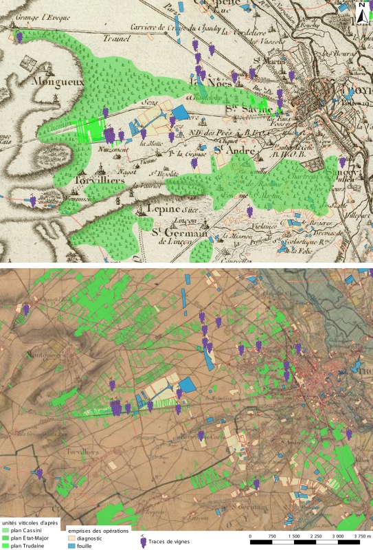 Figure 14 : Indications de plantations de vignes sur le secteur nord-ouest de la ville, autour de la butte de Montgueux, entre Torvilliers et Saint-Julien-les-Villas, sur fond de carte de Cassini (en haut, Troyes, n° 81, feuille 31, de 1758-1760) et sur la carte d&apos;État-Major (en bas, Troyes, feuille n° 82, 1820-1866).