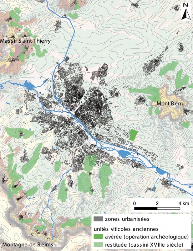 Figure 3 : localisation des unités viticoles anciennes connues sur les alentours de Reims.