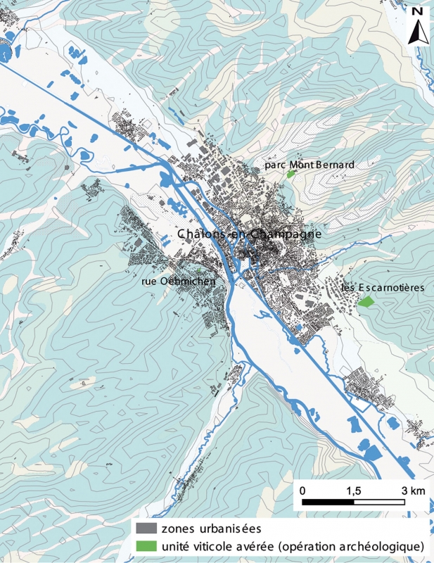 Figure 7 : localisation des unités viticoles anciennes connues sur Châlons-en-Champagne et alentours.