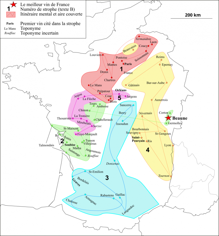 Figure 1 : Le « Blason des vins de France » de Pierre d’Anché : un itinéraire mental à travers les vignobles français à la fin du Moyen Âge.