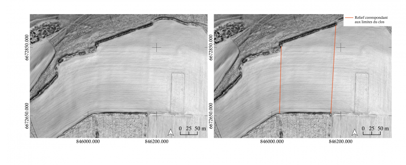 Figure 1 : Relevé de la microtopographie du lieu-dit Clos du Hasard à Nuits-Saint-Georges mettant en évidence un relief correspondant à l’emprise d’une parcelle close sur le cadastre napoléonien de 1827.