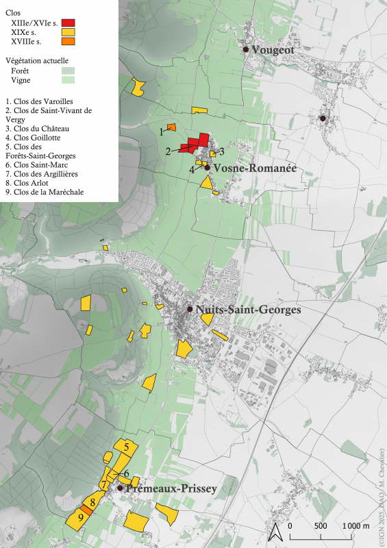 Figure 2 : Répartition des clos autour de Nuits-Saint-Georges en fonction de leur première mention connue au moment de l’étude.