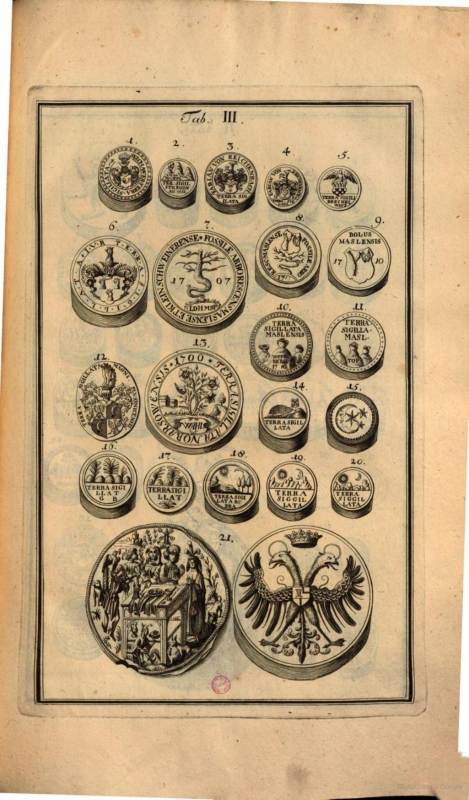 Fig. 2: Engraving showing the boluses in Christian Gottlieb Ludwig’s collection in his Terrae musei regii Dresdensis, Leipzig, Ex officina libraria Joann. Frider. Gleditschii, 1749.