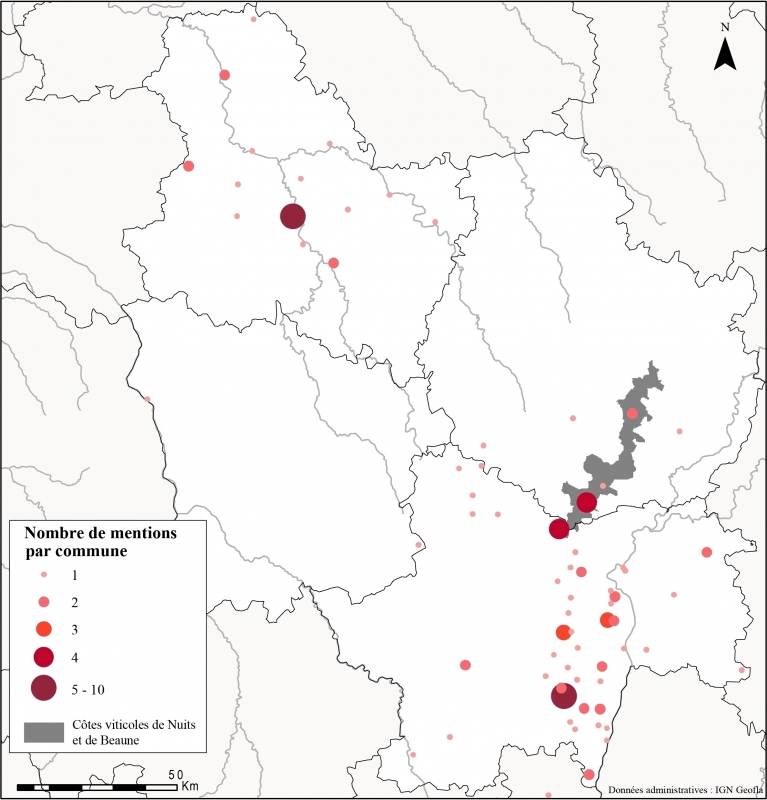  Figure 2 : Carte de répartition des mentions de clausum, d&apos;après les chartes médiévales bourguignonnes (CBMA) (DAO/SIG : M. Foucher et R. Steinmann 2018).