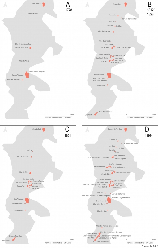  Figure 3 : Les clos du XVIIIème siècle au XXème siècle. D&apos;après A : Courtépée 1778 ; B : cadastre napoléonien (ADCO, série 3P/Plan) ; C : Plan statistique des vignobles 1861 ; D : Pitiot et Poupon 1999 ; Foucher 2015.