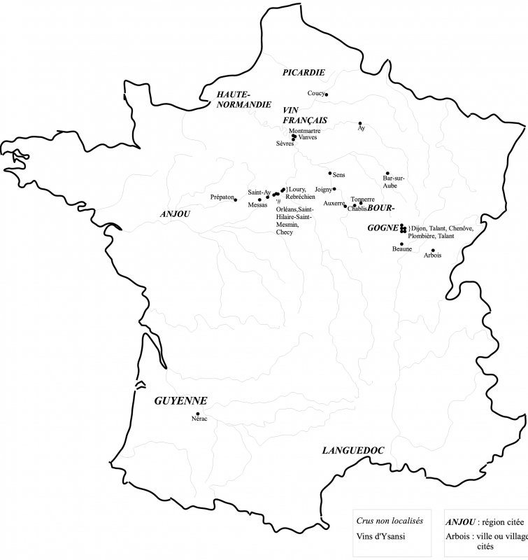  Figure 4 : Localisation des crus cités dans la Maison rustique de Jean Liebault (1586)