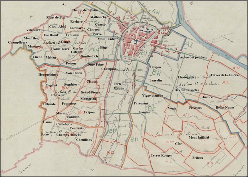  Figure 2 : Toponymes d’Epernay d’après les plans cadastraux, 1827 (partie ouest et sud-est viticoles)