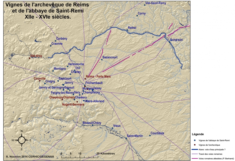  Figure 1 : Carte des vignes de l’archevêque de Reims et de l’abbaye de Saint-Remi de Reims, XIIème – XVIème siècles