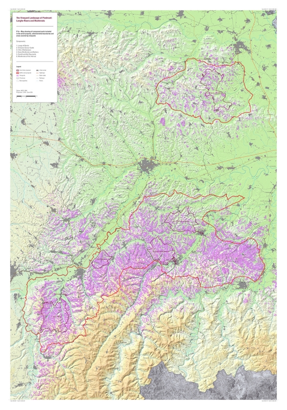  Figure 1 : Carte des vignobles de Langhe-Roero et Montferrato avec périmètres de l’inscription UNESCO (Source : UNESCO [https://whc.unesco.org/fr/list/1390/multiple=1&amp;unique_number=1971] - Licence Creative Commons - CC BY-SA 3.0 IGO).