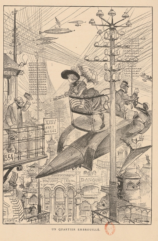 Figure 10. Albert Robida, « Un quartier embrouillé », La Vie électrique, Paris, Librairie illustrée, 1892, hors texte en regard de la p. 128.