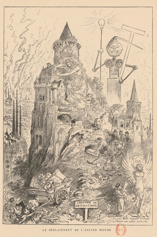 Figure 11. Albert Robida, « Le déblaiement de l’ancien monde », La Vie électrique, Paris, Librairie illustrée, 1892, hors texte placé en regard de la p. 206.