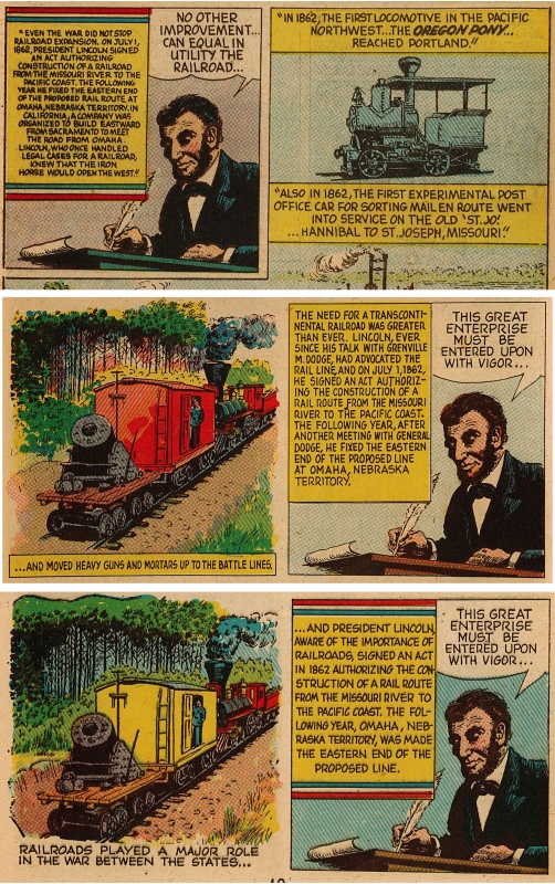 Figure 1. Réemploi de case, ajustement du texte : Rails Across America (1954), All Aboard Mr. Lincoln (1959), Salute to the Boy Scouts (1960).