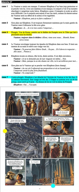 Figure 1. Comparaison entre le scénario initial de La Conjuration des rapaces et la version finale dessinée : exemple de la planche 27 (p. 29) ; Alix senator, t. 3. La Conjuration des rapaces de Valérie Mangin et Thierry Démarez, 2014.