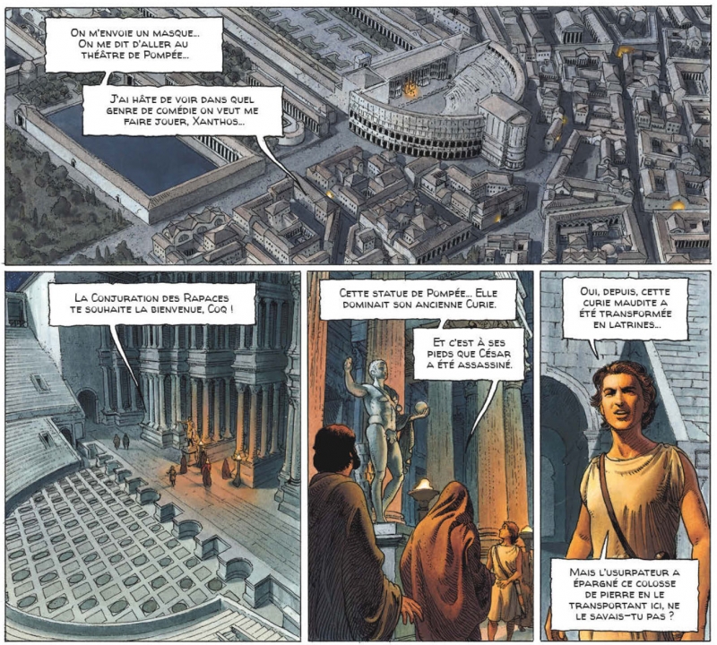Figure 3. Deux vues du théâtre de Pompée (p. 24, case 1 extérieur, case 2 intérieur) dans Alix senator, t. 3. La Conjuration des rapaces de Valérie Mangin et Thierry Démarez, 2014.
