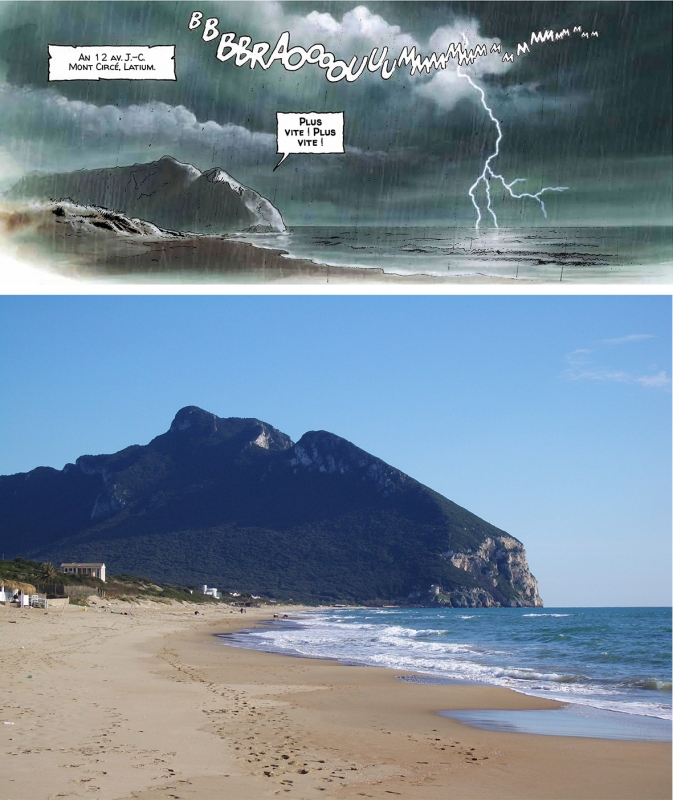 Figure 4. Le Mont Circé dans Alix senator et sa source en ligne (https://commons.wikimedia.org/wiki/File:Circeo.JPG) ; Alix senator, t. 1. Les Aigles de sang de Valérie Mangin et Thierry Démarez.