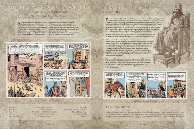 Figure 6. Extraits du cahier historique final du tome 11, édition premium (« Sur les pas d’Alix en Orient »), avec les titres en latin ; Alix senator, t. 11. L’Esclave de Khorsabad de Valérie Mangin et Thierry Démarez.