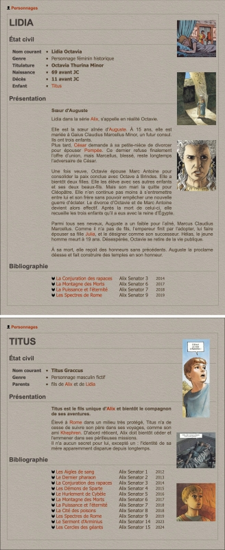 Figure 8. Deux fiches présentant la distinction entre personnages historiques et fictifs sur le site alixsenator.com.