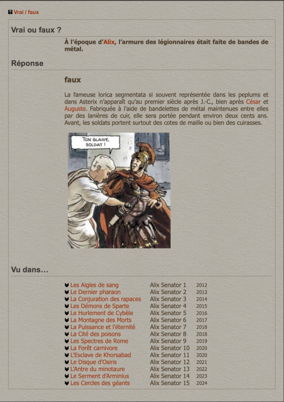 Figure 9. Un exemple de l’entrée « Vrai/faux » sur le site alixsenator.com, corrigeant un cliché récurrent dans la bande dessinée historique.