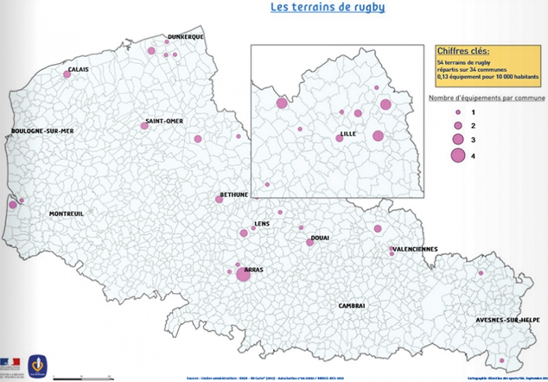 Figure n° 5 et 6 : Cartes des terrains de football et de rugby dans la région Nord-Pas-de-Calais (2012).