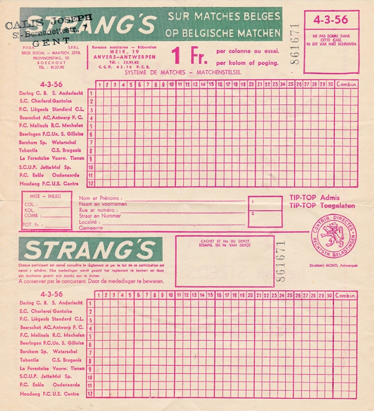 Figure n° 4 : Bulletin de paris sur les matchs du football belge édité par la société écossaise Strang’s, 1956.