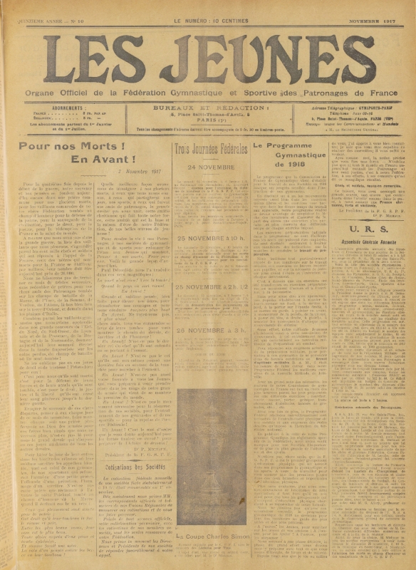 Figure n° 3 : Une de l’organe de la Fédération gymnastique et sportive des patronages de France (FGSPF) Les Jeunes (novembre 1917) présentant la Coupe Charles Simon offerte par le docteur Michaux.