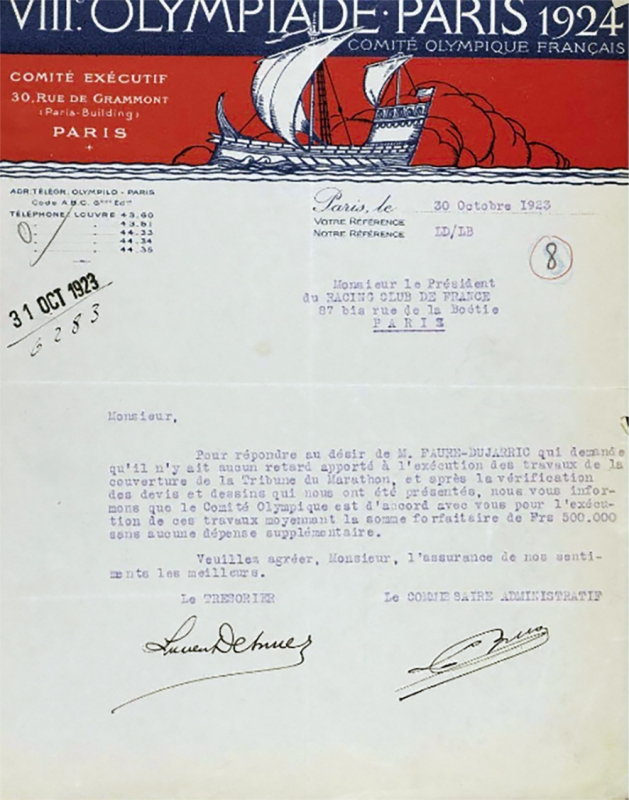 Figure n° 2. Lettre du Comité des Jeux de Paris 2024 au président du Racing Club de France au sujet de la construction de la tribune Marathon, 30 octobre 2023.