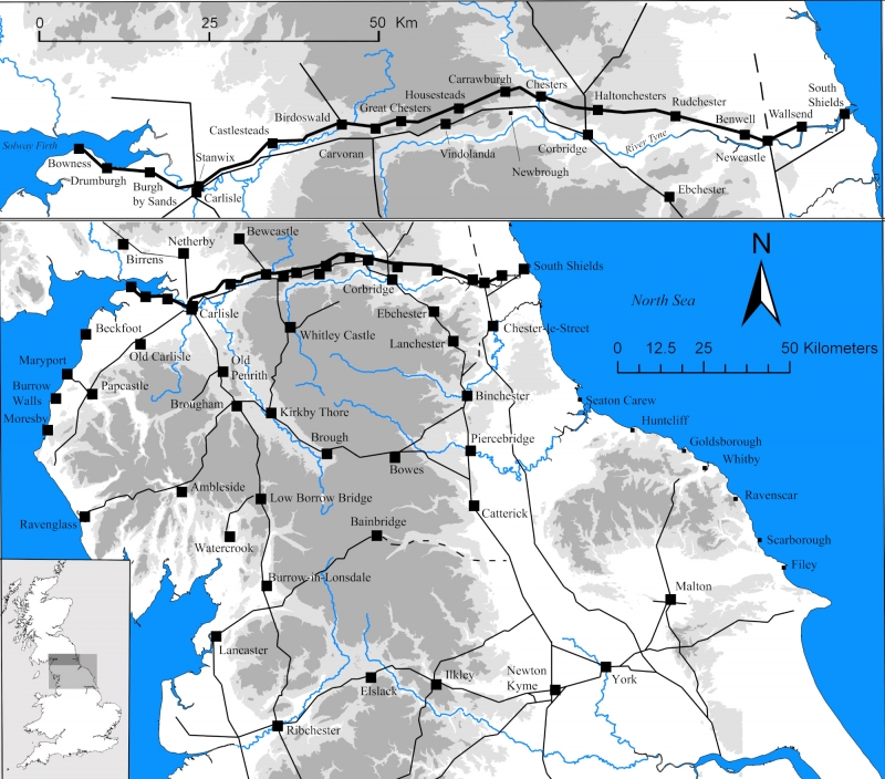 Figure 1: The northern frontier of Britannia, showing the wider distribution and road network, with a more detailed map of Hadrian’s Wall.