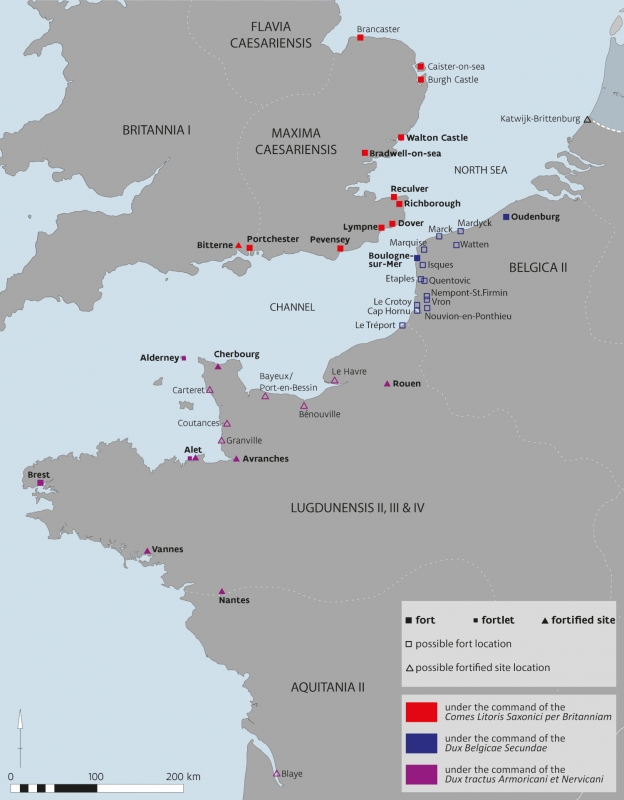 Figure 1: Overview map of the known and presumed forts and fortified sites of the Litus Saxonicum, grouped according to the three commands listed on the separate pages in the Notitia dignitatum. ‘Possible’ fort and fortified site locations have not yet been confirmed by archaeological evidence.