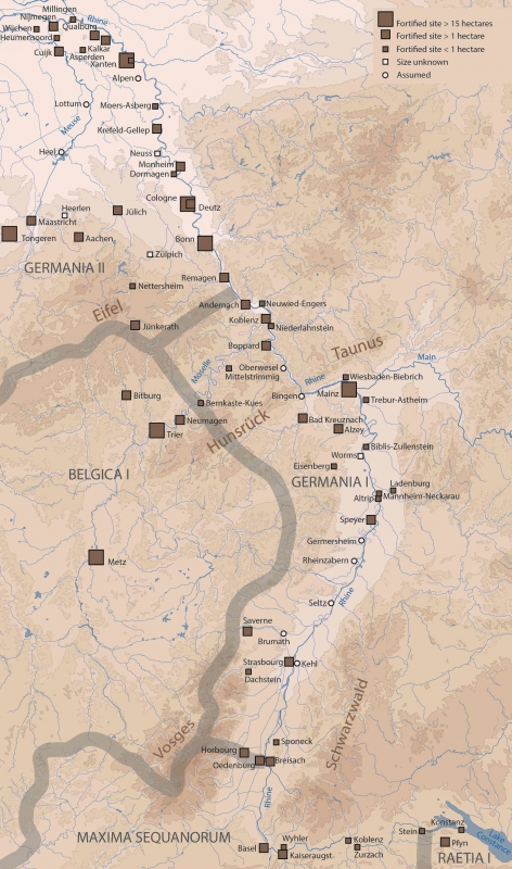 Figure 1: Late Antique Fortifications along the Rhine from Lake Constance to Nijmegen. Note that the Hochrhein-Limes with its many small fortifications is not fully mapped (see Hächler et alii 2020).