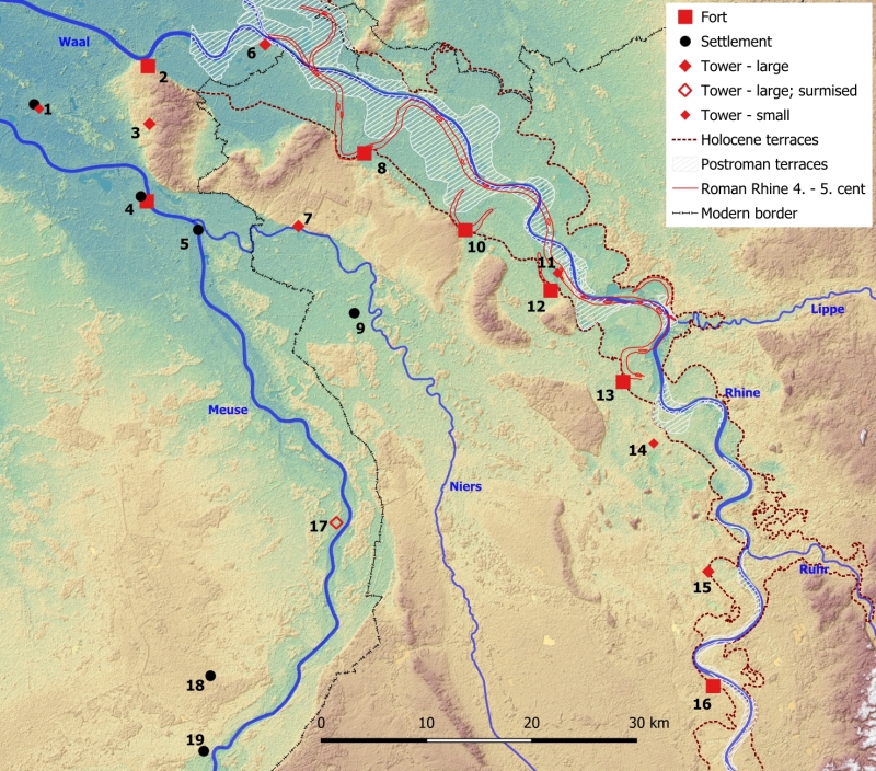 Figure 2: The Lower Rhine downstream of Krefeld-Gellep, with sites of the Lower German limes.