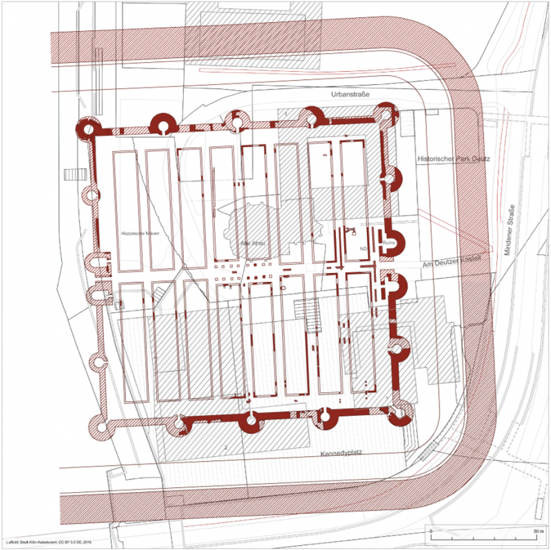Figure 3: Layout of the Constantinian fortification Divitia in Cologne-Deutz on the modern street map.